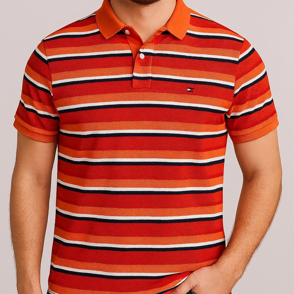 Tommy Hilfiger Polo Shirt Mens XXL Orange Black Striped Short Sleeve Classic